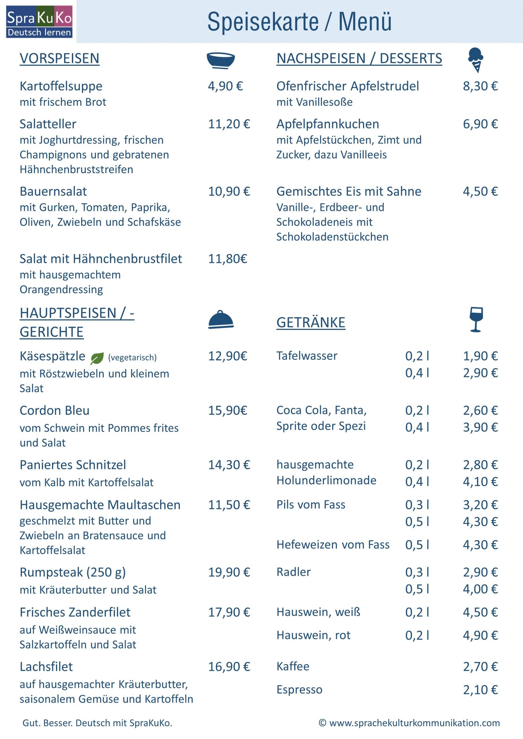 Speisekarte Deutsch lernen