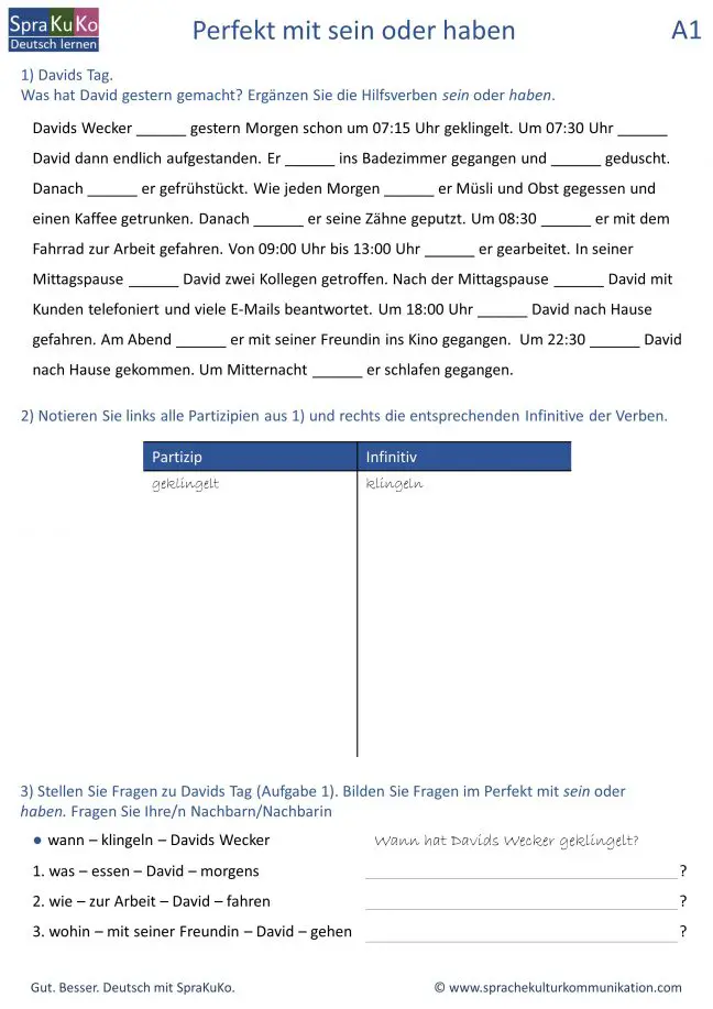 Übung 3 Perfekt mit sein und haben - Deutsch lernen online | Sprakuko