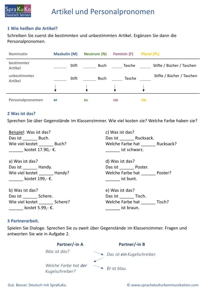 Bestimmter Und Unbestimmter Artikel Sowie Personalpronomen Im Nominativ ...