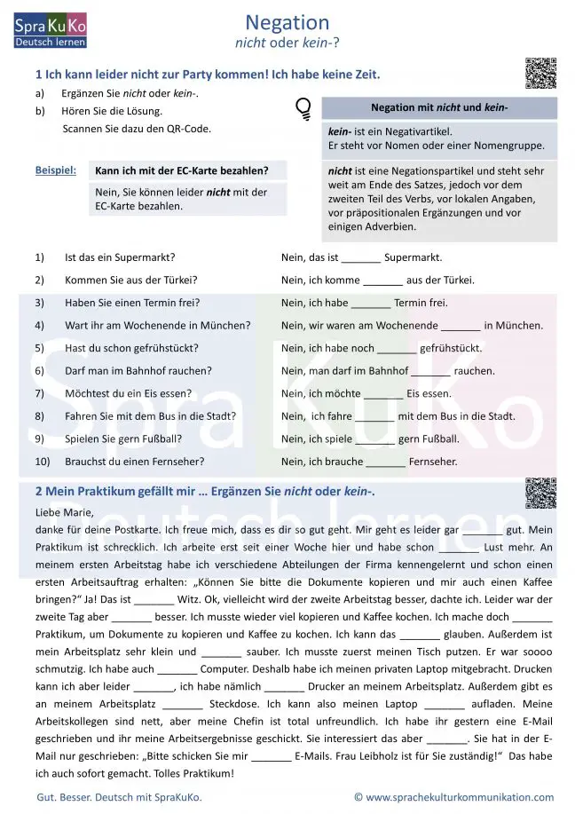 Kopiervorlage Negation - Deutsch lernen online | Sprakuko