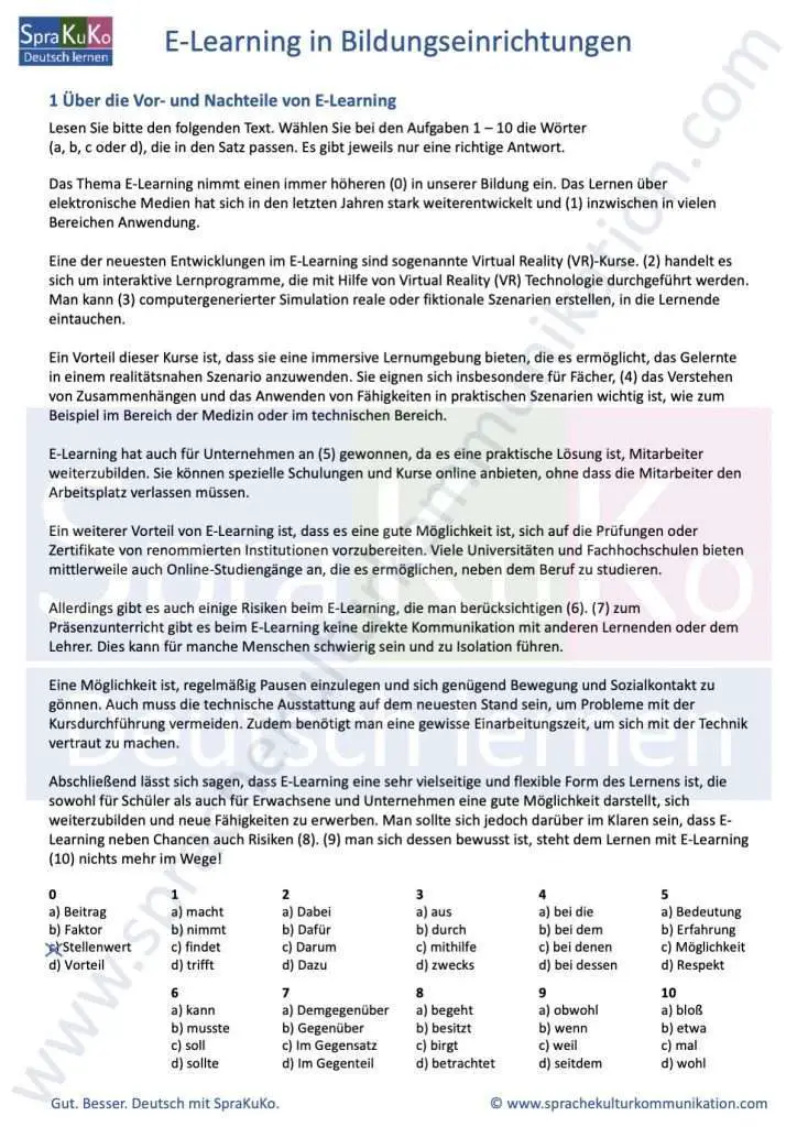 Arbeitsblatt Sprachbausteine Goethe C1 Leseverstehen Teil 3 ELEARNING Deutsch lernen
