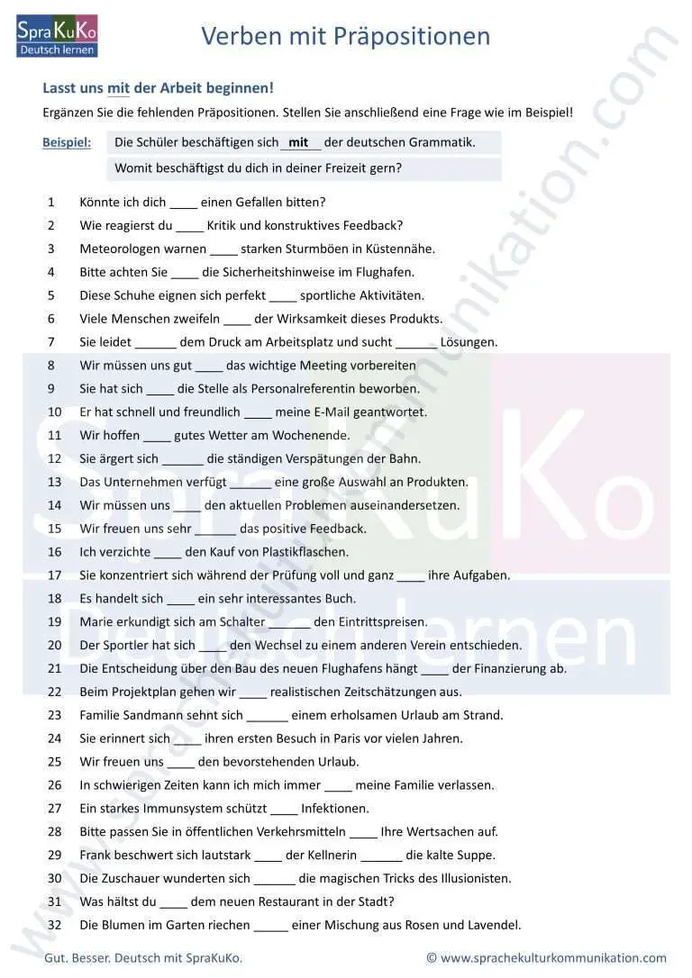 Verben Mit Präpositionen Übung Pdf Deutsch Lernen Online Sprakuko 1149